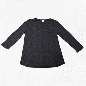 J Crew Black Jacquard Brocade-Style Embossed 3/4 Sleeve Crewneck Top Size Large
